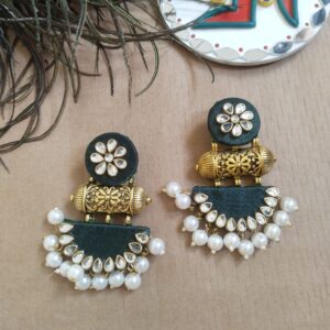 Velvet Green Kundan Pearl Handmade Jhumka Earrings