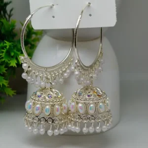 Silver Shine Pearl Stone Hoop Jhumka Earrings